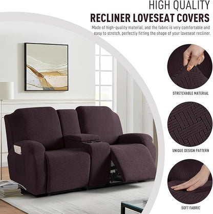 KinCam Loveseat Recliner Covers with Middle Console Slipcover, Recliner Sofa Covers 2 Seat Couch Cover Stripe Jacquard Furniture Protector Covers with Elastic Bottom for Kids, Pets (Chocolate)