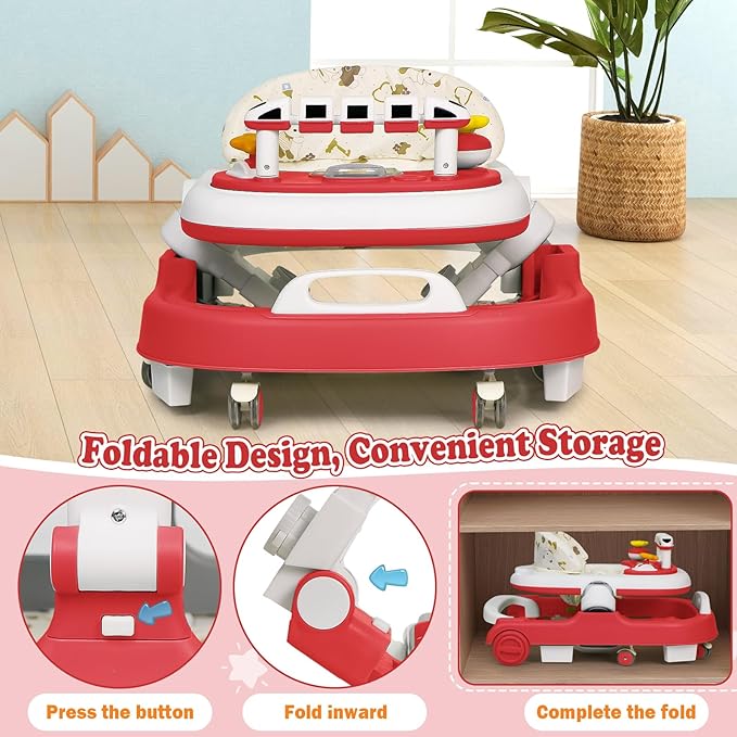 Baby Walker with Wheels, 4 in 1 Foldable Baby Walkers for Boys Girls 6-18 Months, 3 Level Height Adjustment with Bouncing, Feeding Tray & Music, Baby Walker with Activity Center, Toddler Push Walker