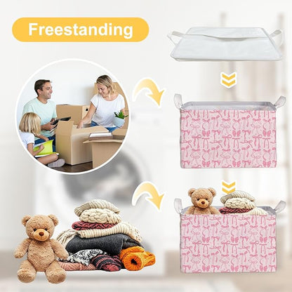 Pink Bow Foldable Storage Bins, Waterproof Toy and Clothes Organizer for Nursery Room, Pink Cute Decorative Fabric Basket for Girls Bedroom, Foldable Gift Box for Game Room, Bow Party Decor