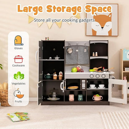 HOMGX Multi-Function Children's Kitchen Toy Set, Wooden Chef Pretend Toy Set w/Microwave, Stove, Sink, Faucet, Storage Cabinet & Shelf,Children's Play Kitchen for Boys & Girls Over 3 Years Old