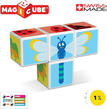 Geomag MagiCube Small Animals 4-Piece Magnetic Stacking Cubes Building Set, Toddlers & Kids Ages 1.5 and Up, STEM Educational Toy, Swiss-Made, Creativity, Imagination, 6 Adorable Building Ideas