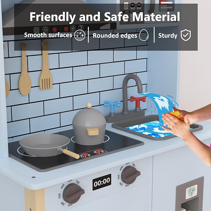 Play Kitchen for Kids, Wooden Kitchen Playset with Fruit Set, Light, Stove, Sink and Accessories, Interactive Toy Kitchen Gift for Boys Girls, Blue