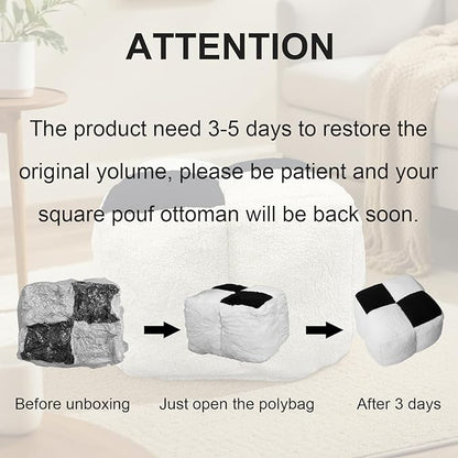 Louis Donné Ottoman Pouf White and Black Contrast Tidy Fabric Floor Chair - 17.7 * 17.7 * 15.7 Inch Squares, Soft Compressed Form Inside for Children and Ladies