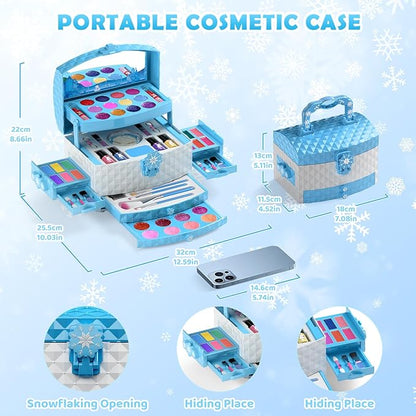 GirlsHome Kids Makeup Set for Girl 56 Pcs Washable Real Cosmetic, Non-Toxic Frozen Toys Toddler Makeup Kit, Frozen Princess Dress up Kit Christmas & Birthday Girl Gift for 3-12 (Frozen Blue)