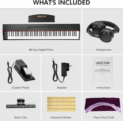 UISCOM 88 Key Digital Piano Keyboard for Beginners,Full Size Electric Piano Semi-Weighted Keyboard with Sheet Music Stand,Pedal,Headphone,Power Adapter,USB-MIDI Compatibility,Wood Grain Black