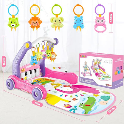 4-in-1 Baby Gym Play Mat with Learning Walker, Tummy Time Mat & Baby Push Toys for Newborn Infant 0-3-6-9-12 Month Boy Girl, Babies Activity Center with Play Piano & Lights, Ideal Toddler Babies Gifts