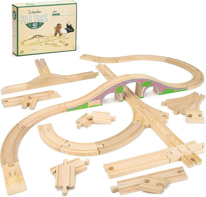 Conductor Carl Wooden Train Track Set, 42 Pieces - Solid Wood Wooden Train Track Accessories Compatible with Most Major Toy Train Brands - Single Piece, Interlocking Wooden Train Tracks