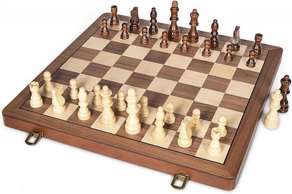 ELONGDI 15" Wooden Chess Set with Magnetic Pieces - Extra Queens - Folding Chessboard Portable Travel Tournament Chess Board Games for Adults Kids