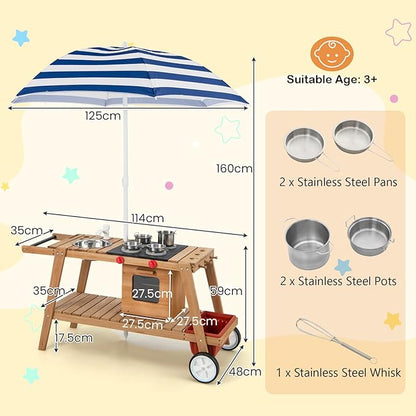 HONEY JOY Mud Kitchen with Umbrella, Wooden Rolling Mud Table Cart, Toddler Outdoor Kitchen Playset, Sink, Faucet, Planting Pots, Utensils, Storage Cabinet, Mud Kitchen for Kids Outdoor with Wheels