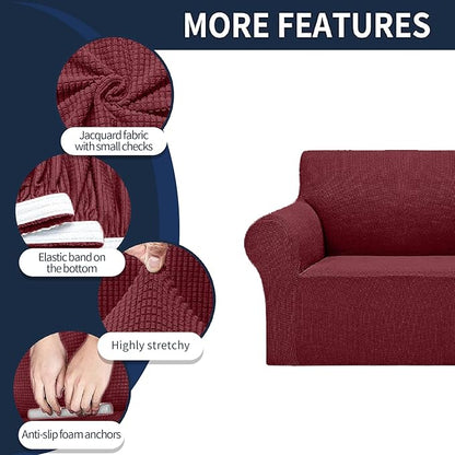 2025 New Stretch Oversized Sofa Slipcovers Couch Sofa Cover for 4 Seater Furniture Protector Covers with Elastic Bottom Jacquard Fabric Small Checks for Pets, Kids - Dark Red