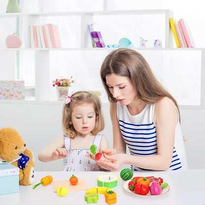 Holicolor 40pcs Wooden Play Food, Play Food Sets for Kids Kitchen Pretend Cutting Play Food for Toddlers 1-3