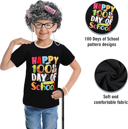 6 Pcs Kids 100 Days of School Costume for Girls Old Lady Granny Grandma Costume with Wig Happy 100 Days T-Shirt