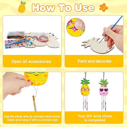 Fennoral 9 Pack Pineapple Wind Chime Kit for Kids Make Your Own Pineapple Wind Chime Wooden Arts and Crafts for Girls Boys DIY Coloring Pineapple for Hawaii Summer Art Activity Birthday Party