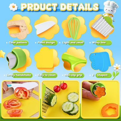 Montessori Kitchen Toys for Toddlers-Kids Cooking Sets Real-Toddler Toys Set for Real Cooking with Plastic Children Safe Knives Crinkle Cutter Kids Cutting Board-17PCS