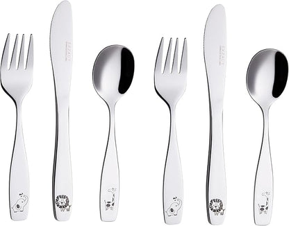 Exzact Kids Flatware 6pcs Toddler Utensils Children Silverware 18/10 Stainless Steel - Dishwasher Safe, 2 Years + (Safari)