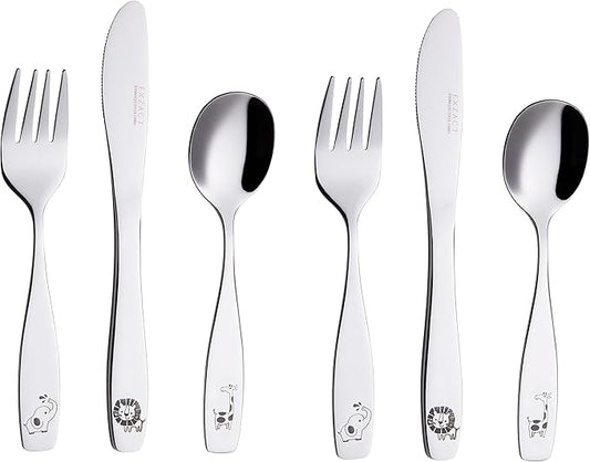 Exzact Kids Flatware 6pcs Toddler Utensils Children Silverware 18/10 Stainless Steel - Dishwasher Safe, 2 Years + (Safari)