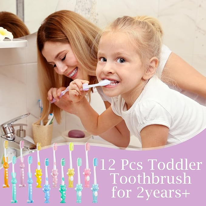 Patelai 12 Pcs Toddler Toothbrush for Age 2+, Children Disposable Manual Toothbrush Bulk with Suction Cup for Upright Storage, Soft Individually Kids Toothbrush Set with Dust Covers