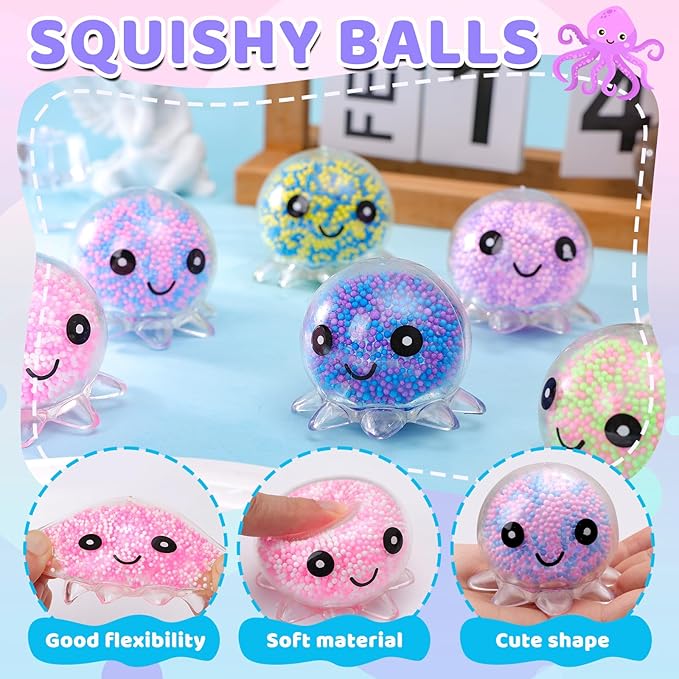 24 Pack Octopus Stress Balls Set for Kids Adults, Cute Squishy Squeeze Fidget Toys for Anxiety Stress Relief, Perfect Party Favors Easter Basket Stuffers Birthday Gifts Classroom Prizes
