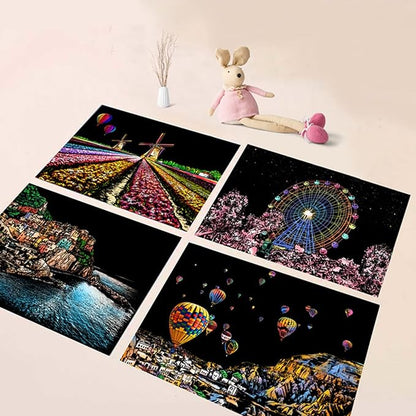 Georgie Porgy Scratch Paper Art A4 Set for Kids Adults Magic Rainbow Scratch Postcards Boards for DIY Arts and Crafts Kits Christmas Birthday Gift with Scratching Tools Kit (Europe+USA)