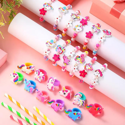 Tondiamo 48 Pcs Unicorn Ring Bracelet Set Include 12 Pcs Wooden Beaded Girls Unicorn Bracelets and 36 Pcs Silicone Unicorn Toy Rings Cute Girls Gifts for Unicorns Party Favors Birthday Goodies Bag