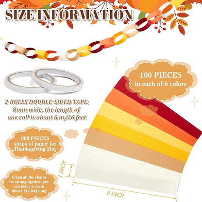 Lincia 600 Sheet Paper Chain Garland Strips 1x8 Inch with Double Sided Tape, DIY Construction Paper Chains for Birthday Wedding Holiday Party Decorations, Crafts Supplies (Warm Color)