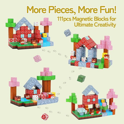 Magnetic Block Set - 111-Piece Magnetic Building Blocks - Ranch Mine Craft Magnetic Blocks Set, Magnetic Blocks for Kids Ages 4,5,6,7,8 STEM Montessori Sensory Building Game Toy Gift for Boys,Girls