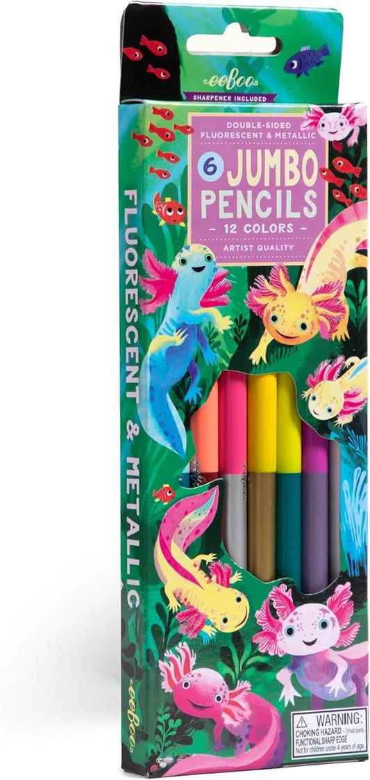 eeBoo: 6 Jumbo Colored Pencils - Axolotl - Double-Sided,12 Colors, Metallic &Fluorescent, Great for Coloring, Art Supplies, Kids Ages 3+