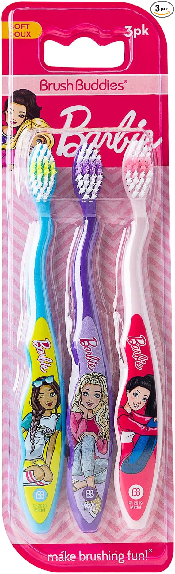 Brush Buddies Barbie Manual Soft Bristled Toothbrush for Kids, Multi-Colored & Fun Toddler Toothbrush, Anti-Slip Grip Handle, Kids Travel Toothbrush, 3 Pack