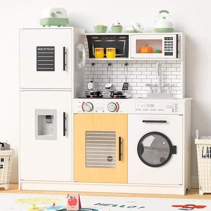 Babytronic Wooden Kitchen Playset for Kids, Interactive Play Kitchen with Lights & Sounds, Children Pretend Toy Kitchen Set with Faucet, Oven, Microwave, Kitchenware for Toddlers Ages 3+ (White)
