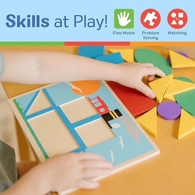 Melissa & Doug Beginner Wooden Pattern Blocks Educational Toy With 5 Double-Sided Scenes and 30 Shapes