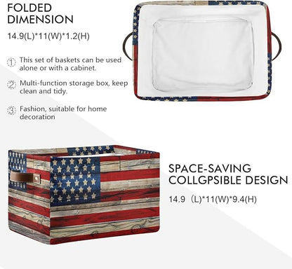 AUUXVA American Flag Patriotic Wooden Storage Basket Bin Memorial Day Large Fabric Toys Storage Cube Box with Handles Collapsible Closet Shelf Cloth Organizer Basket for Nursery Bedroom Bathroom