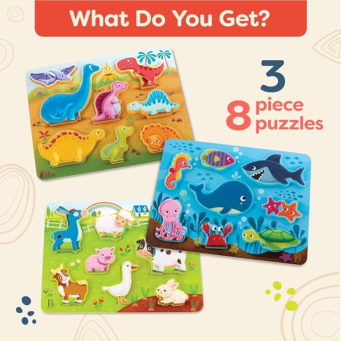 B. toys- Peek & Explore 3-Pack - Farm, Sea, Dinos- Chunky Puzzle 3-Pack – Wooden Puzzles- 8 Pieces Each – 2 Years +