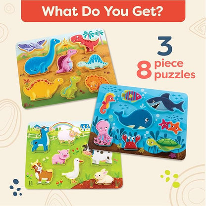 B. toys- Peek & Explore 3-Pack - Farm, Sea, Dinos- Chunky Puzzle 3-Pack – Wooden Puzzles- 8 Pieces Each – 2 Years +