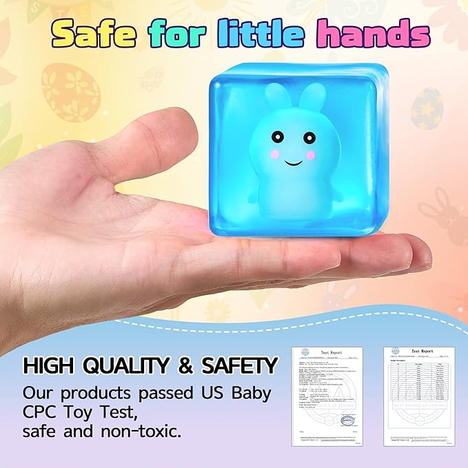 Easter Basket Stuffers - Glow in The Dark Easter Egg Fillers Squishy Bunny Stress Cube Easter Gifts for Kids Adults Fidget Toys Stress Balls for Kids with Autism Easter Basket Essentials for Teens