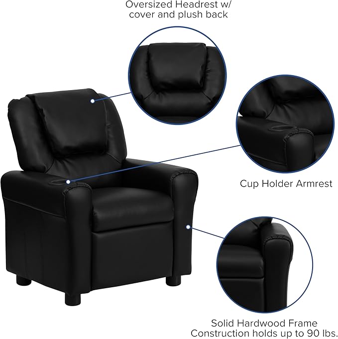 Flash Furniture Vana LeatherSoft Kids Recliner with Cup Holder, Headrest, and Safety Recline, Contemporary Reclining Chair for Kids, Supports up to 90 lbs., Black