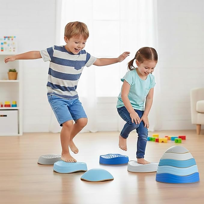 Special Supplies Stepping Stones for Kids, 5 Balance Indoor and Outdoor Blocks Promote Coordination, Balance, Strength, Child Safe Rubber, Non-Slip Edging, Stackable