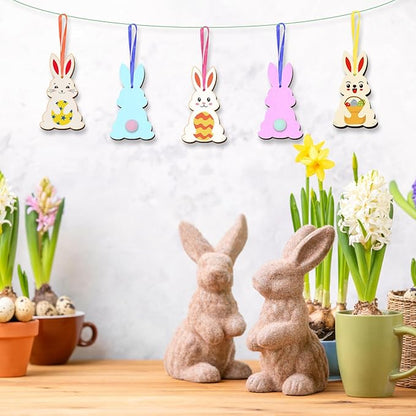 24 Pack Wooden Easter Bunny Craft for Kids Make You Own Easter Rabbit Hanging Ornaments DIY Easter Art and Craft for Girls Boys Art Project Easter Gifts Easter Decoration