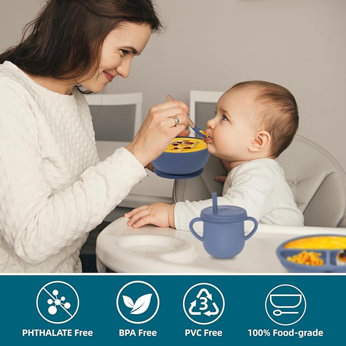 100% Silicone Baby Feeding Set,BPA Free Baby Dishes Set with Suction Bowl Divided Plate,Toddler Self Feeding Dish Set with Spoons Forks Sippy Cup and Bib, Baby Eating Utensils (Navy Blue)