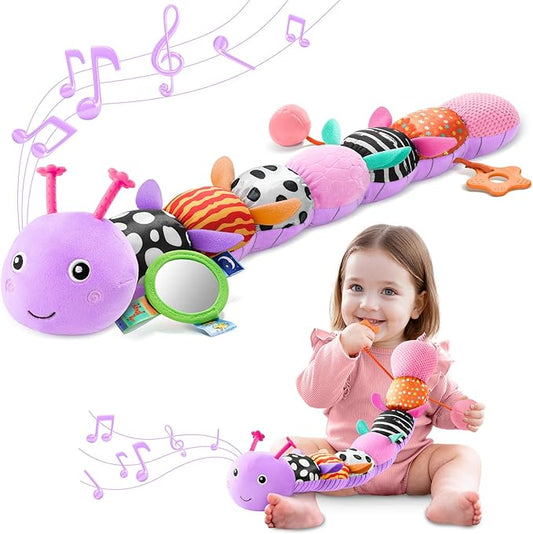 AWOTOY Baby Toys 0-6-12 Months,Musical Caterpillar Stuffed Animals Activity Infant Toys with Crinkle,Rattles,Mirror&Pull String,Muti-Sensory Toys Gifts for Newborn Tummy Time,Taro Purple|Leafy