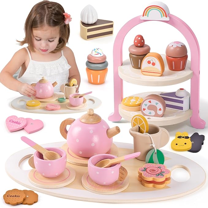 Atoylink Wooden Tea Party Set for Little Girls Toys Kids Play Kitchen Toddler Tea Set with Play Food & Cupcake Stand Pretend Play Wooden Toys for 2 3 4 5 6 Year Old Girl Christmas Birthday Gift, Pink
