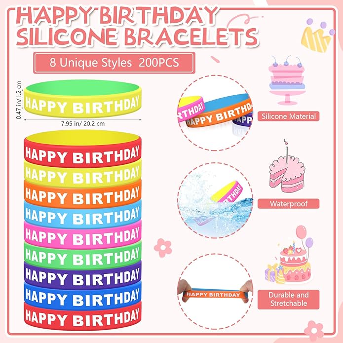Tondiamo 200 Pcs Happy Birthday Rubber Bracelets Bulk Silicone Bracelets for Kids Birthday Wristbands Stretch Wristbands for Classroom Kids Teacher Birthday Party Favors, 8 Styles (Vivid Color)