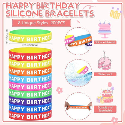 Tondiamo 200 Pcs Happy Birthday Rubber Bracelets Bulk Silicone Bracelets for Kids Birthday Wristbands Stretch Wristbands for Classroom Kids Teacher Birthday Party Favors, 8 Styles (Vivid Color)