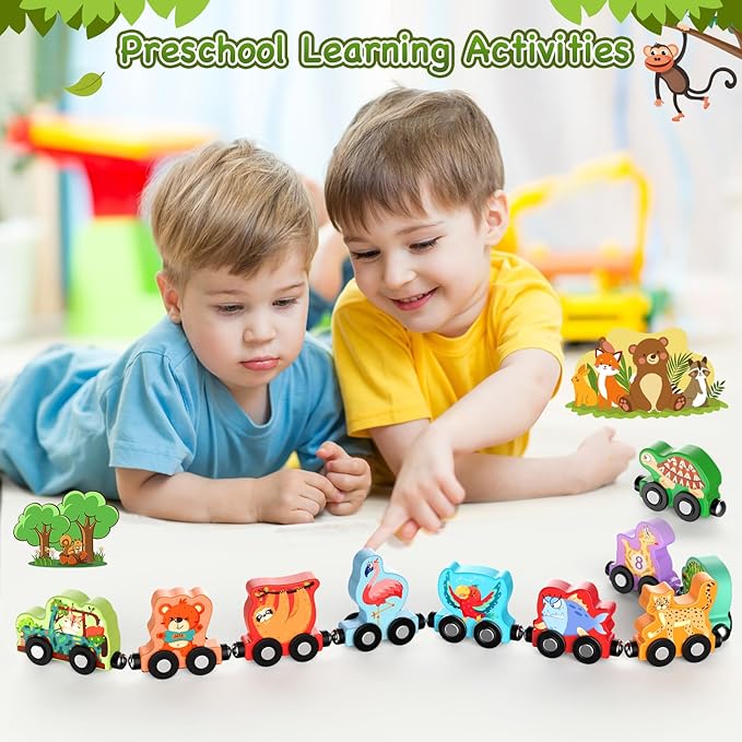 Toys for Toddlers, 11 Magnetic Wooden Animals Train Set, Montessori Toys for Toddlers, Learning Activities, Sensory Toys for Kids, Birthday Gifts for Boys, Girls