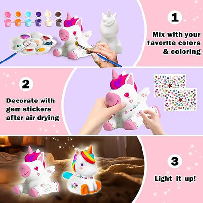FUNZBO 2Pcs Paint Your Own Unicorn Lamp Kit - Arts and Crafts Supplies Painting Kits for Kids Teens Adults, DIY Night Light Toys for Girls Boys Ages 3 4 5 6 7 8 9 10 11 12 Easter Birthday Gift