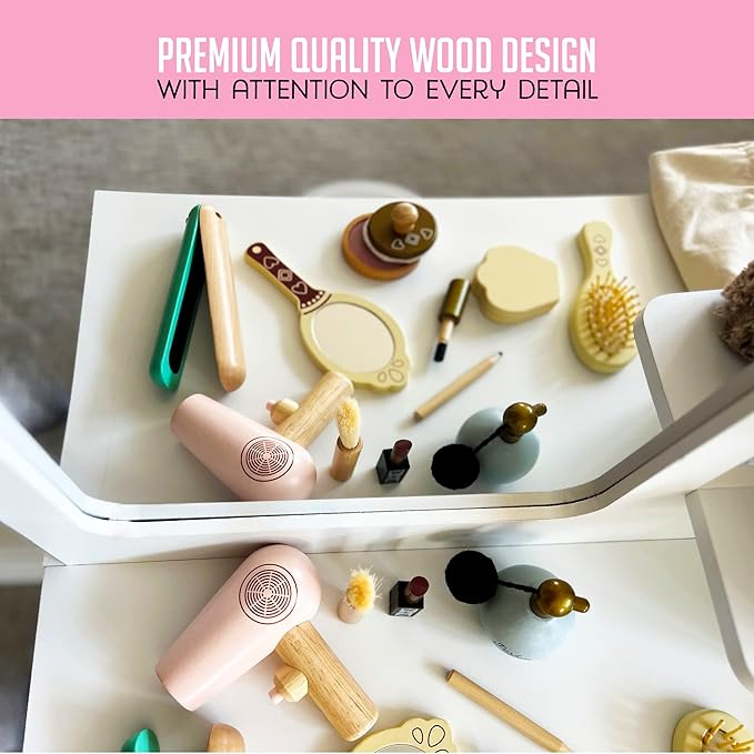 Montessori Mama Makeup and Salon Set - Wooden Pretend Play Beauty Play Makeup Kit with Styling Tools and Cosmetics - Pretend Makeup for Toddlers for 4 Year Old Girl