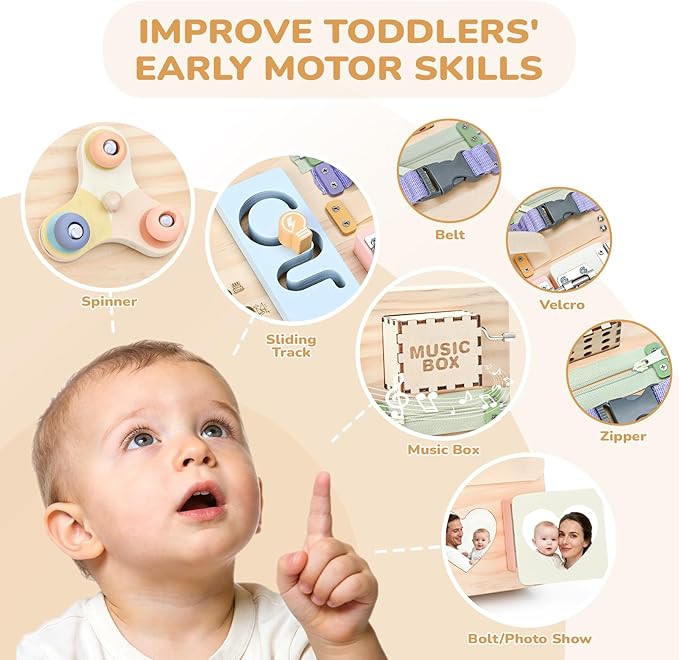 Sanlebi Wooden Busy Board Montessori Toys for Toddlers with Buttom Switch, Music Box & Locks, Sensory Activity Board Learning Toy Gifts