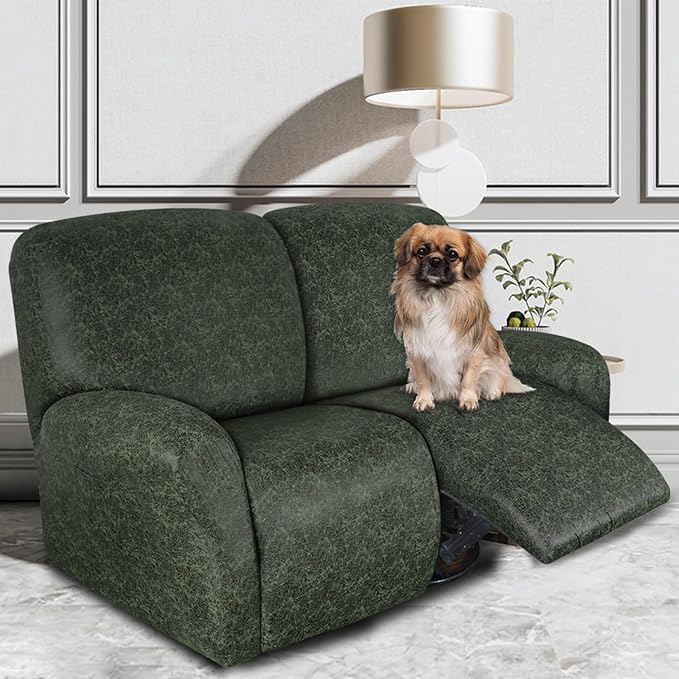 Leather Look Loveseat Recliner Covers Stay in Place 6-Piece Recliner Sofa Slipcover 2 Seater Reclining Couch Cover Spandex Fabric Washable (Recliner Loveseat, Green)