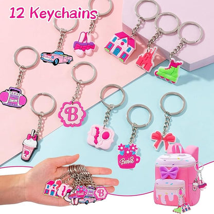 Pink Party Favors 98 Pc Princess Party 12 keychain, 12 Tattoo stickers, 12 bracelets, 12 Glass diamond ring, 50 stickers sheet for Girl Hot Pink Birthday Party Supplies
