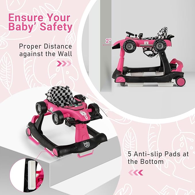 BABY JOY 4-in-1 Baby Walker, Foldable Activity Walker with Adjustable Height & Speed, Music, Lights, Anti-Rollover, Toddler Push Walker, Baby Walker with Wheels for Boys Girls 6-18 Months (Pink)