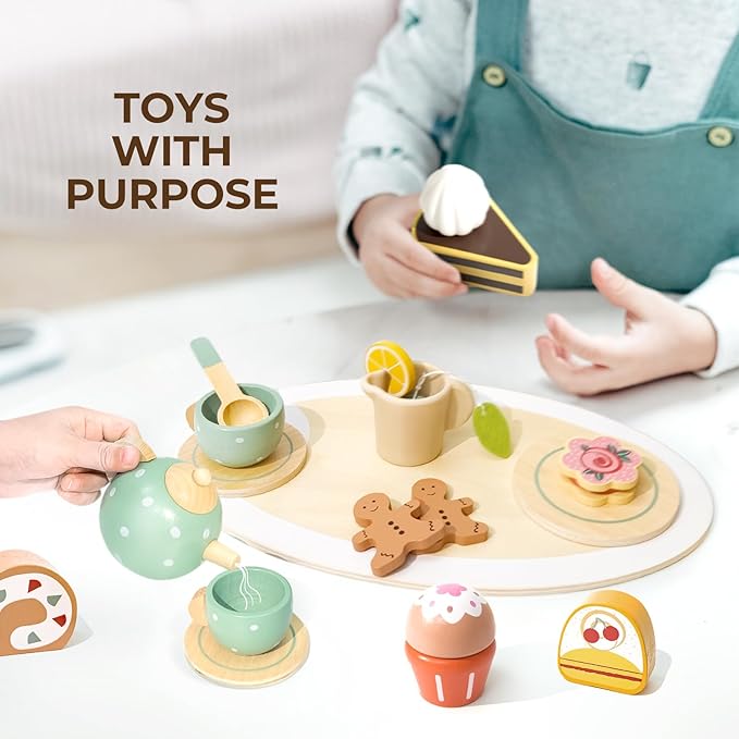 Tea Party Set for Little Girls with Cupcake Stand, Wooden Tea Set Toys for Girls Age 3 4 5 6 7 Year Old, Toddler Kids Kitchen Pretend Play Toys for Girls